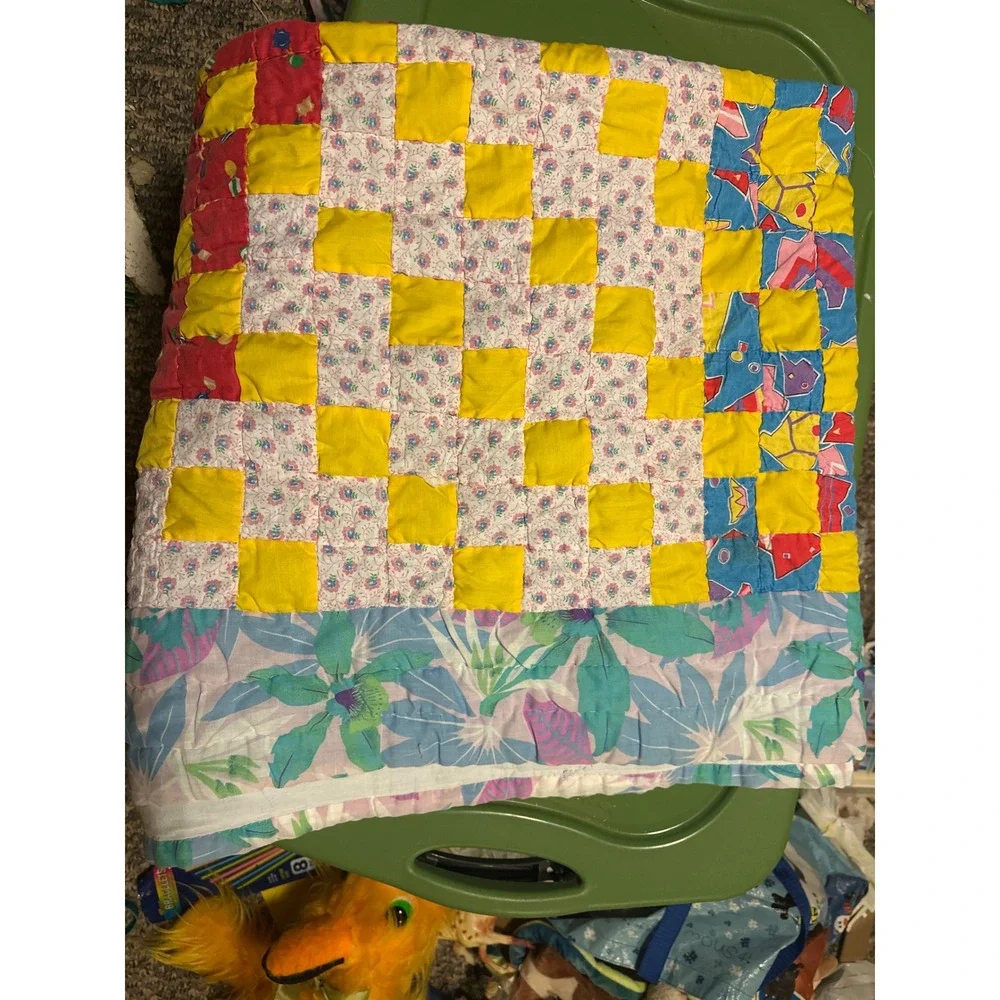 Vintage Handmade 80s 90s Patchwork Quilt Floral Geometric Print Multi Color